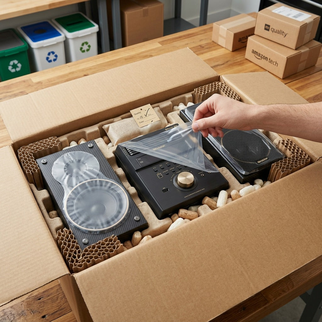 Unboxing a Sharp 5-disc shelf system from a secure shipping box with eco-friendly honeycomb padding.