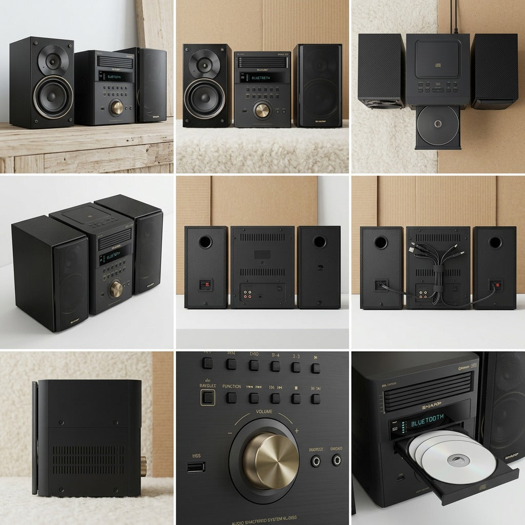 Nine-panel grid showing the Sharp XL-BH250GL micro shelf system from multiple angles and close-ups.