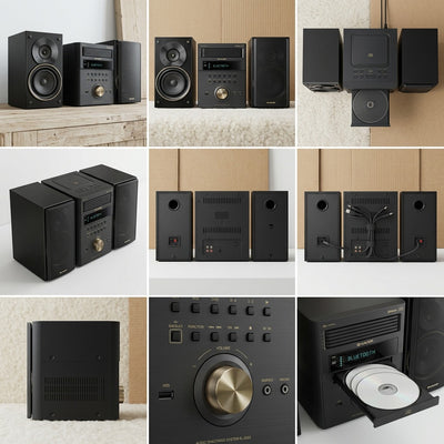 Nine-panel grid showing the Sharp XL-BH250GL micro shelf system from multiple angles and close-ups.