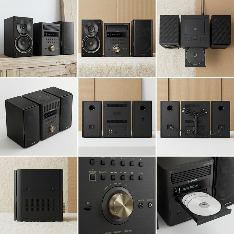 Nine-panel grid showing the Sharp XL-BH250GL micro shelf system from multiple angles and close-ups.