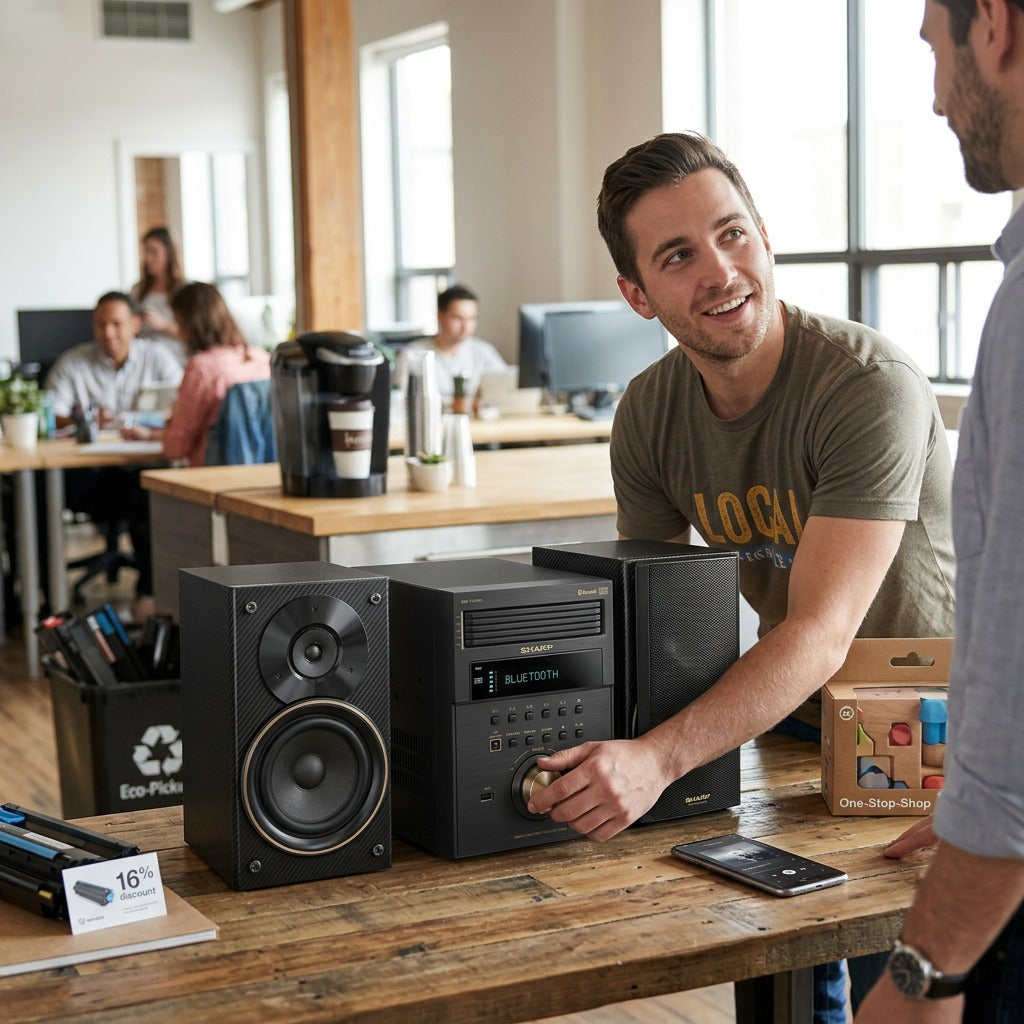 A coworker adjusts the volume on a Sharp XL-BH250GL shelf system in a bright, modern open office.