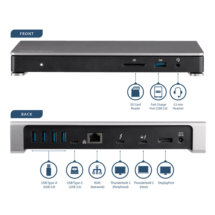 StarTech.com TB3DOCK2DPPD station d'accueil Avec fil USB 3.2 Gen 1 (3.1 Gen 1) Type-C Noir - Image 11