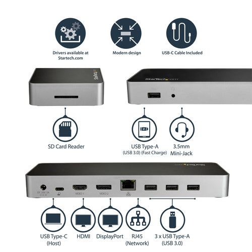 StarTech.com DK30CHDDPPD station d'accueil Avec fil USB 3.2 Gen 1 (3.1 Gen 1) Type-C Noir, Argent - Image 8