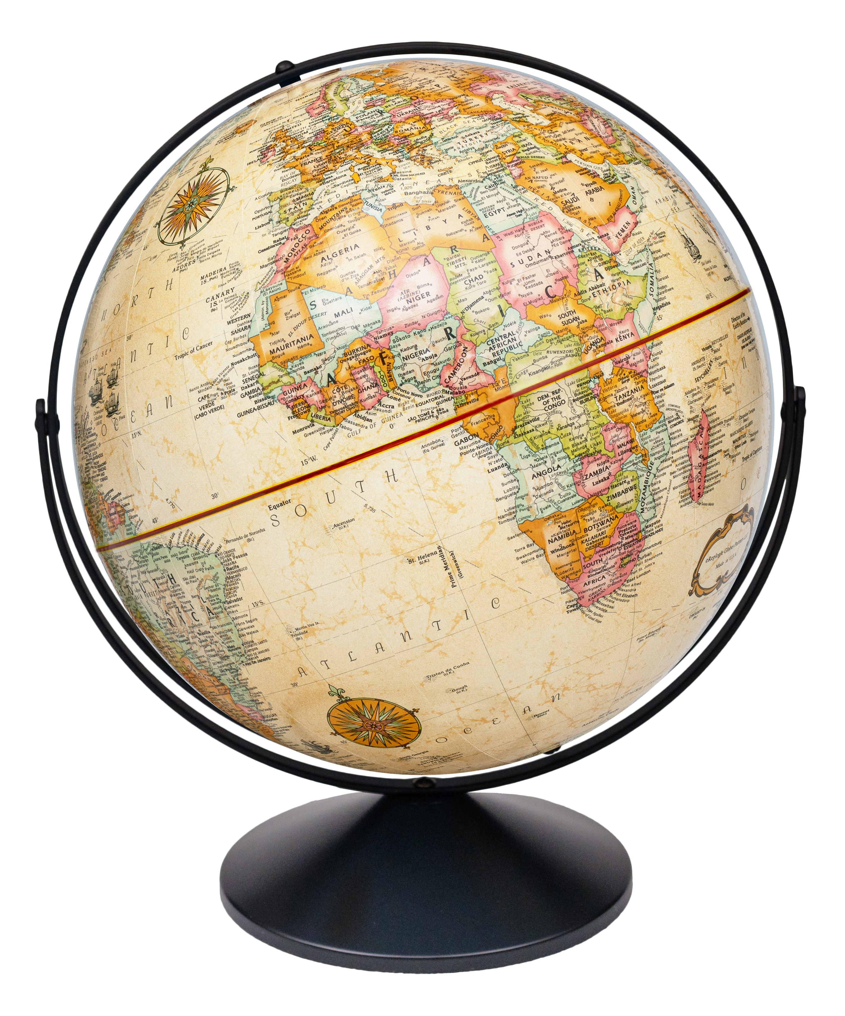 Eureka Globe Océanique Antique de 16"/40,5 cm de Diamètre avec Méridien Complet en Métal Noir et Base en Métal