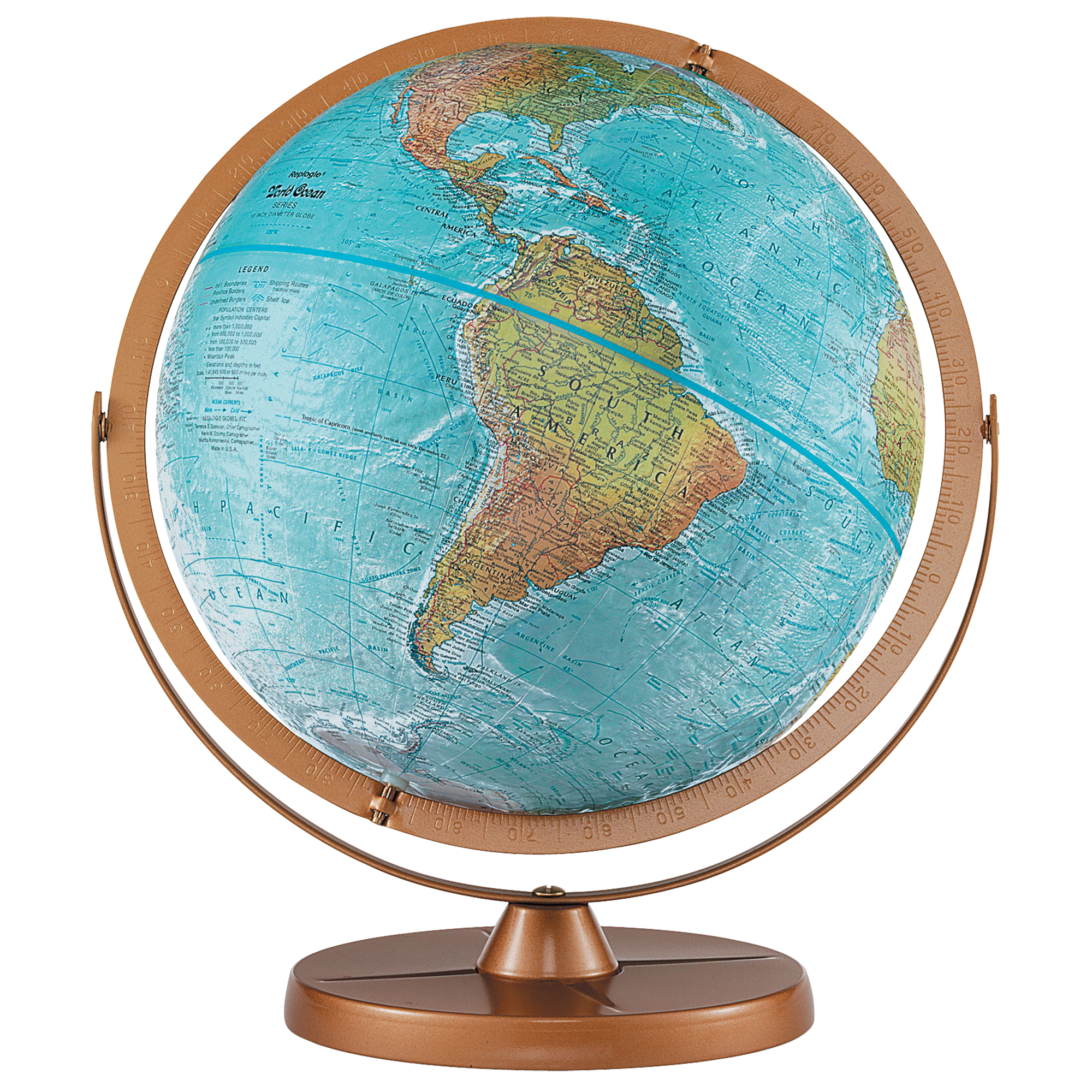 Atlantis Globe de Bureau Océan Bleu, Ø 12"/30cm, avec Monture Métallique et Méridien Complet (Anglais)