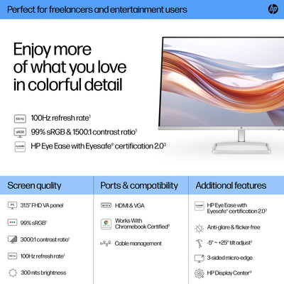 HP Series 5 31.5 inch FHD Monitor - 532sf écran plat de PC 80 cm (31.5") 1920 x 1080 pixels LCD Noir, Blanc - Image 10