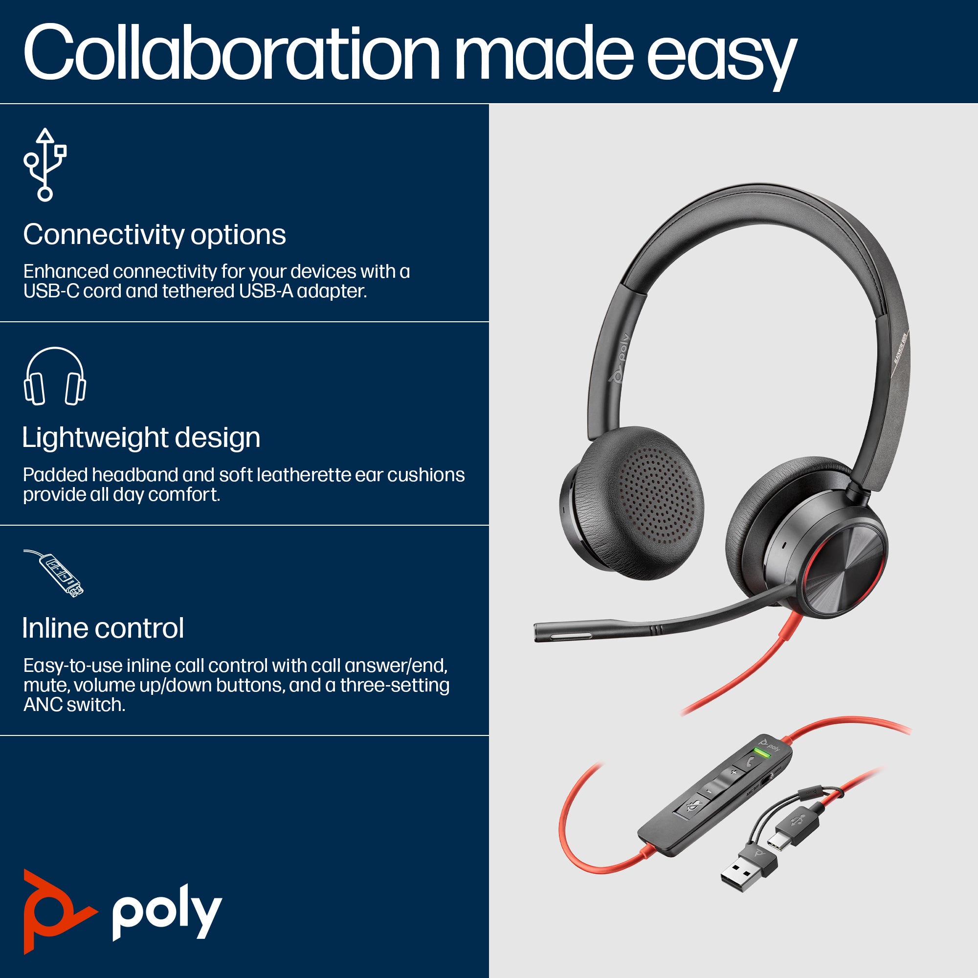 HP Poly Blackwire 8225 Microsoft Teams Certified USB-C Headset Avec fil Arceau Bureau/Centre d'appels USB Type-C Noir - Image 3