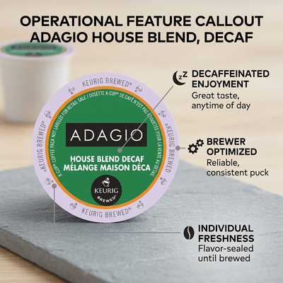 COFFEE-K CUP ADAGIO HOUSE BLEND, DECAF, MEDIUM ROAST 24/BX - Cartouches Certifiees