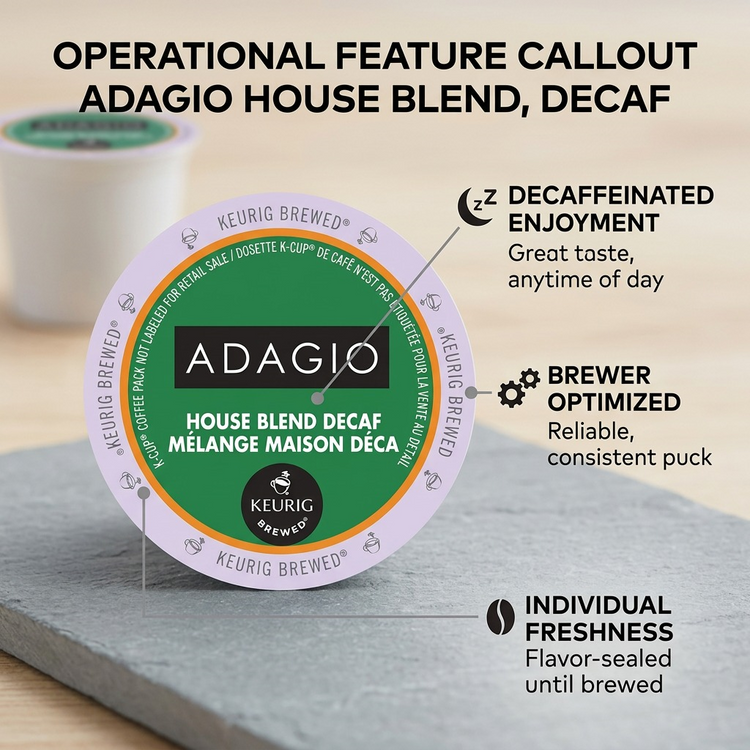 COFFEE-K CUP ADAGIO HOUSE BLEND, DECAF, MEDIUM ROAST 24/BX - Cartouches Certifiees