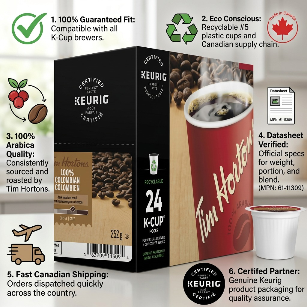 COFFEE-K CUP TIM HORTONS 100% COLOMBIAN-11309 24/BX - Cartouches Certifiees