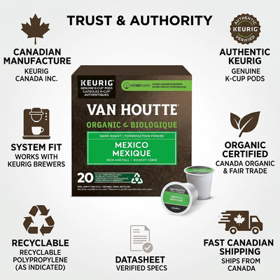 COFFEE-K CUP VAN HOUTTE MEXICO FAIR TRADE ORGANIC 20/BX - Cartouches Certifiees
