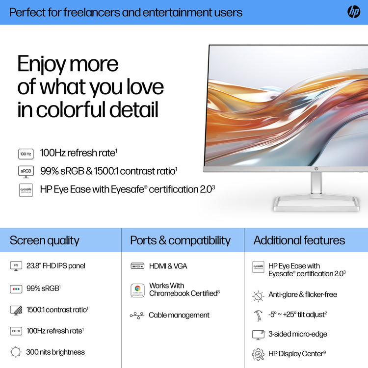 HP Series 5 23.8 inch FHD White Monitor - 524sw écran plat de PC 60,5 cm (23.8") 1920 x 1080 pixels LCD Argent - Image 3