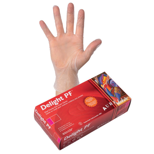 Aurelia Delight PF 4mil Vinyl Gloves - White - Case of 10 boxes