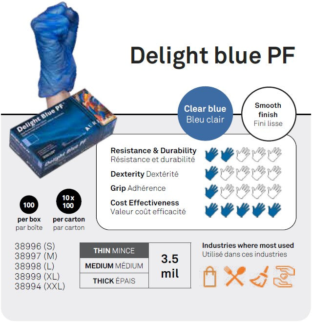 Aurelia Delight PF 4mil Vinyl Gloves - Blue - Case of 10 boxes - Stopgerms