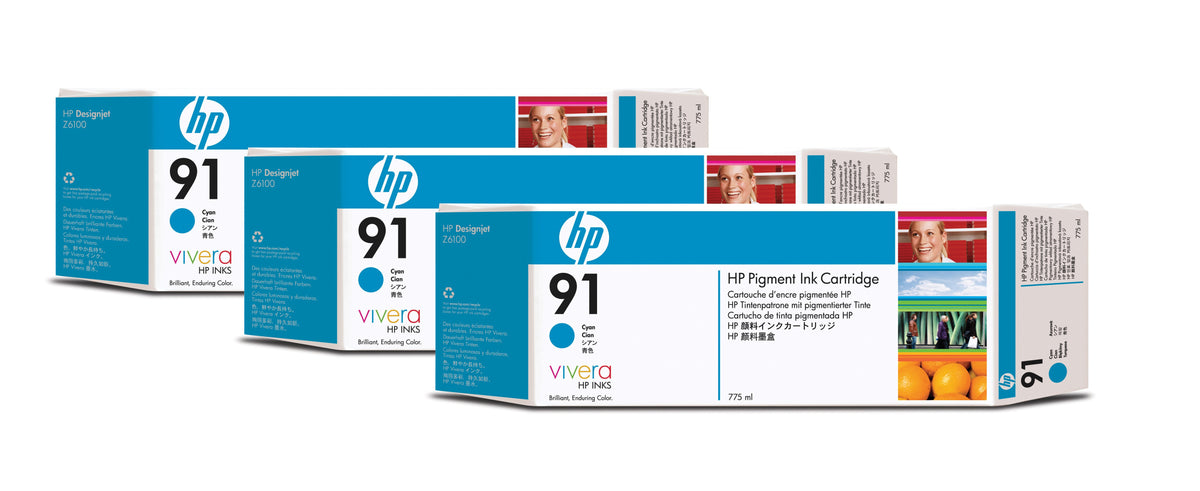 HP 91 775ml (C9483A) 3 Pack Cyan Original Inkjet Cartridge - Cartouches Certifiees