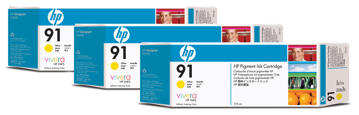 HP 91 775ml (C9485A) 3 Pack Yellow Original Inkjet Cartridge - Cartouches Certifiees
