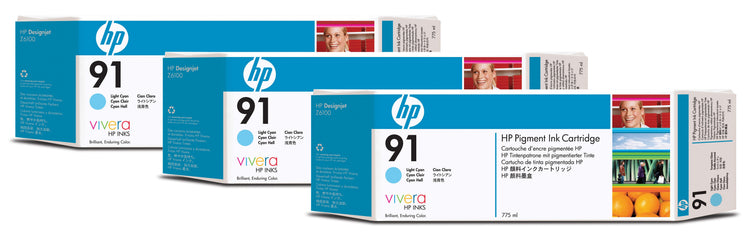 HP 91 775ml (C9486A) 3 Pack Light Cyan Original Inkjet Cartridge - Cartouches Certifiees