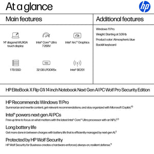 HP EliteBook X Flip G1i Next Gen AI PC Wolf Pro Security Edition Copilot+ PC Intel Core Ultra 7 268V Hybrid (2-in-1) 35.6 cm (14") Touchscreen WUXGA 32 GB LPDDR5x-SDRAM 1 TB SSD Wi-Fi 7 (802.11be) Windows 11 Pro Blue (B8GE7UT#ABA) - Cartouches Certifiees
