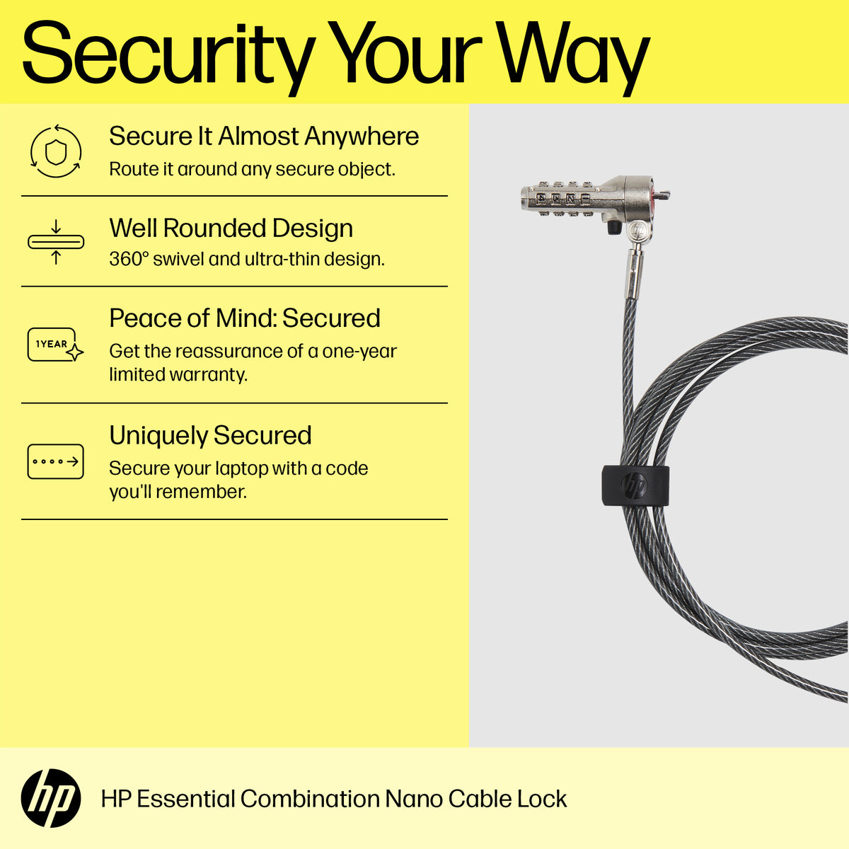 HP Essential Nano Combination Cable Lock (63B31AA) - Cartouches Certifiees