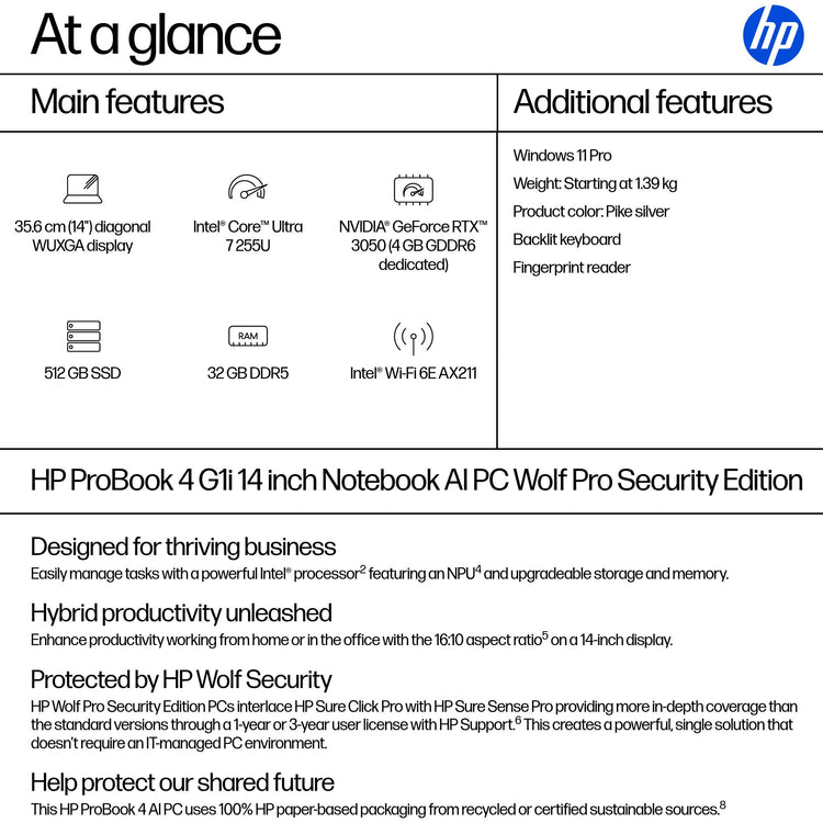 HP HPI P4G1I14 U7 255U 14 32GB/512 PC UNITED STATES / CANADA ENGLISH (BA7S0UT#ABA) - Cartouches Certifiees