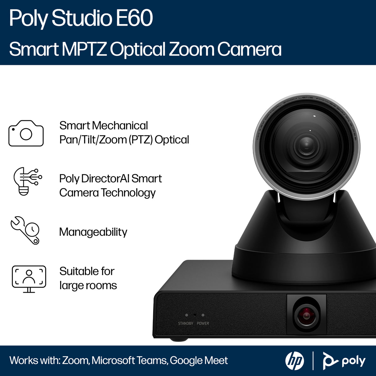 HP Poly Studio E60 Smart Camera 4K MPTZ with 12x Optical Zoom TAA (9W1A7AA#AC3) - Cartouches Certifiees