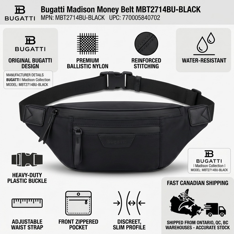 Madison Money Belt MBT2714BU-BLACK - Cartouches Certifiees
