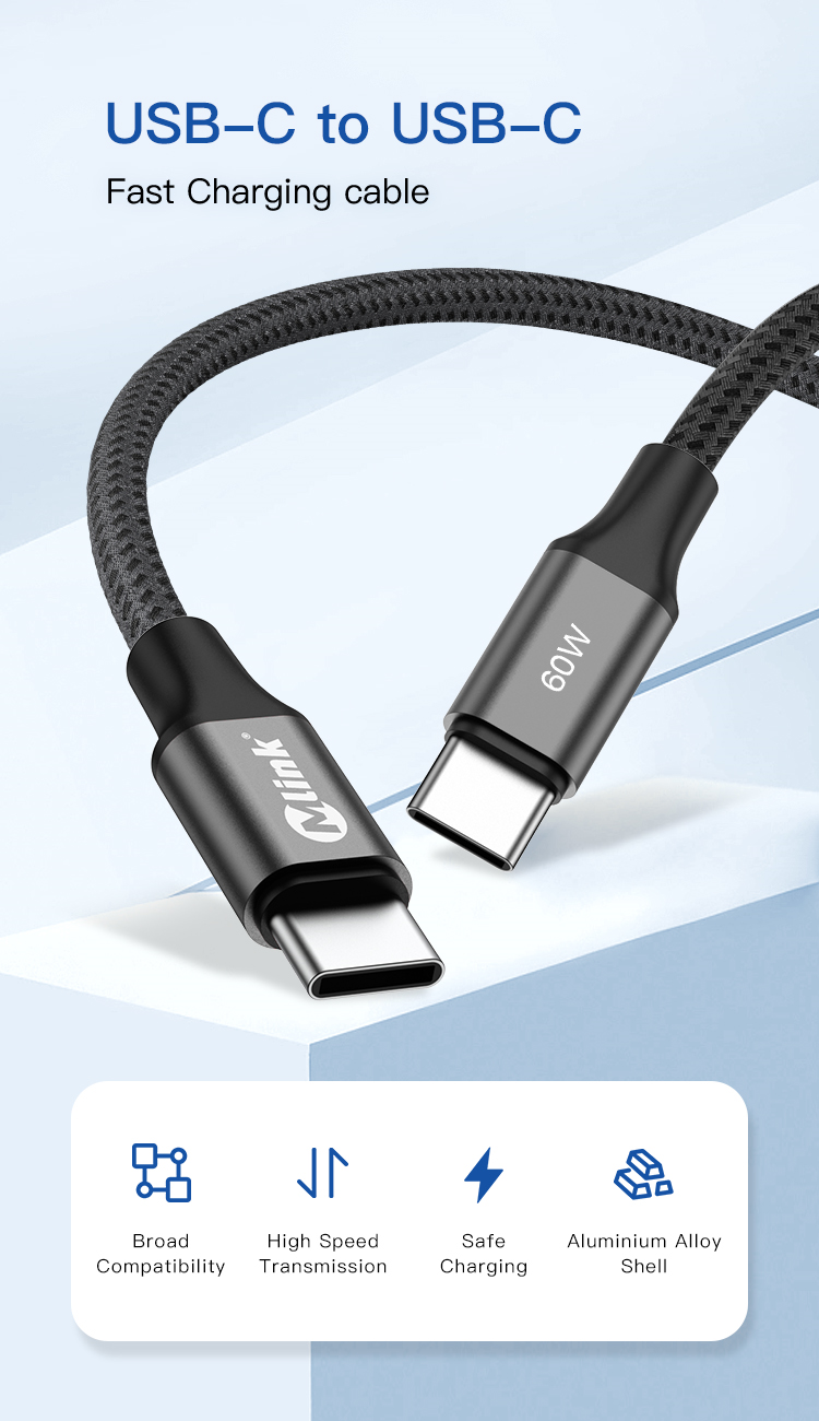 MLINK USB-C Braided Fast Charging Cable PD60W 20V/3A - 1m (3.3') (96557) - Cartouches Certifiees