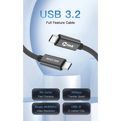 MLINK USB-C Braided High-Speed Transfer Cable PD240W 20Gbps - 1m (3.3') (96587) - Cartouches Certifiees