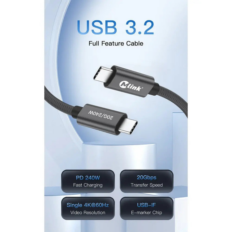 MLINK USB-C Braided High-Speed Transfer Cable PD240W 20Gbps - 1m (3.3') (96587) - Cartouches Certifiees