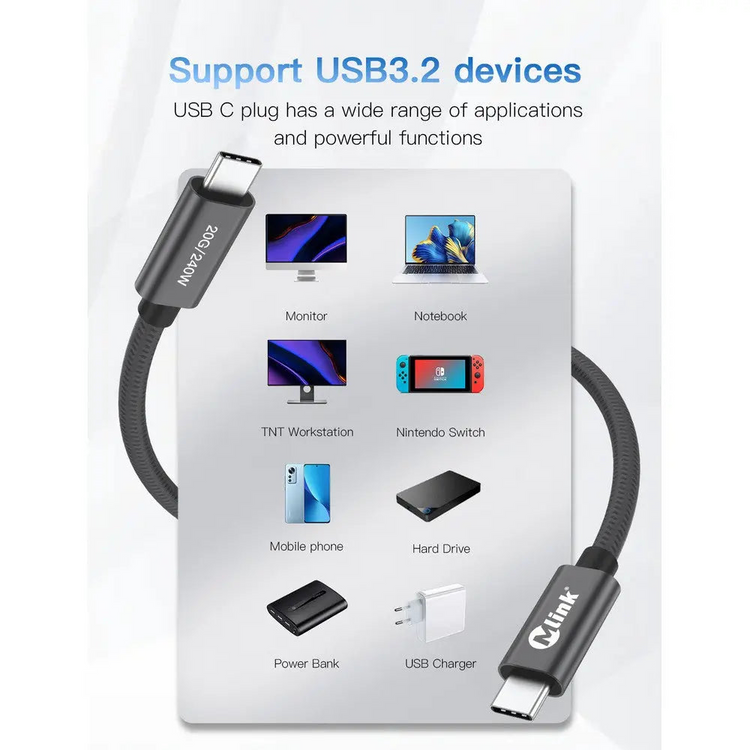 MLINK USB-C Braided High-Speed Transfer Cable PD240W 20Gbps - 2m (6.6') (96588) - Cartouches Certifiees
