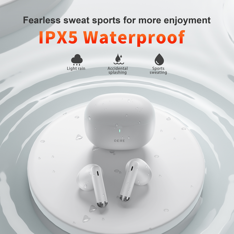QERE E28 Bluetooth Wireless Earbuds, Immersive Sound & Noise Cancellation, IPX5 - White (130279) - Cartouches Certifiees