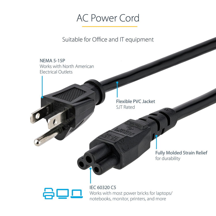 STARTECH .com power cable Black 1,8 m NEMA 5-15P C5 coupler (PXT101NB3S) - Cartouches Certifiees
