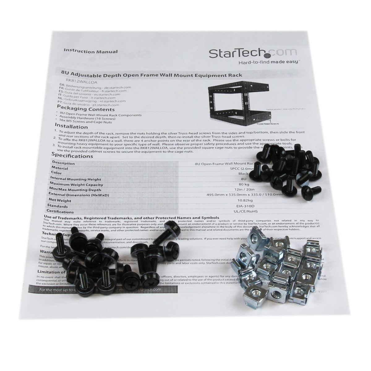 STARTECH .com rack cabinet 8U Wall mounted rack Black (RK812WALLO) - Cartouches Certifiees