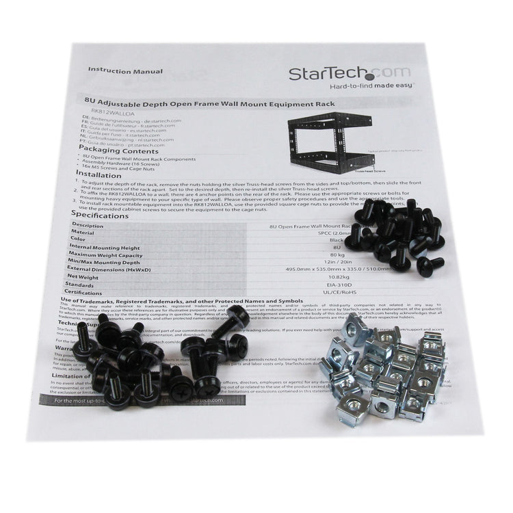 STARTECH .com rack cabinet 8U Wall mounted rack Black (RK812WALLO) - Cartouches Certifiees