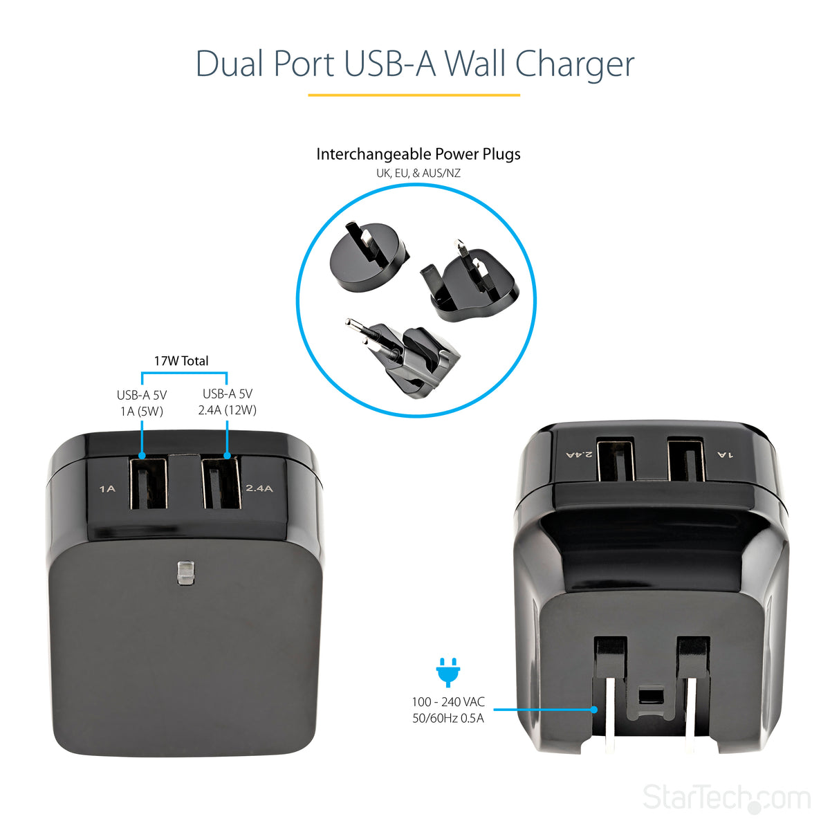 STARTECH mobile device charger Mobile phone, Smartphone, Tablet Black AC Indoor (USB2PACBK) - Cartouches Certifiees