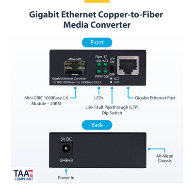 STARTECH network media converter 2000 Mbit/s 1310 nm Single-mode Black (MCM1110SMLC20) - Cartouches Certifiees