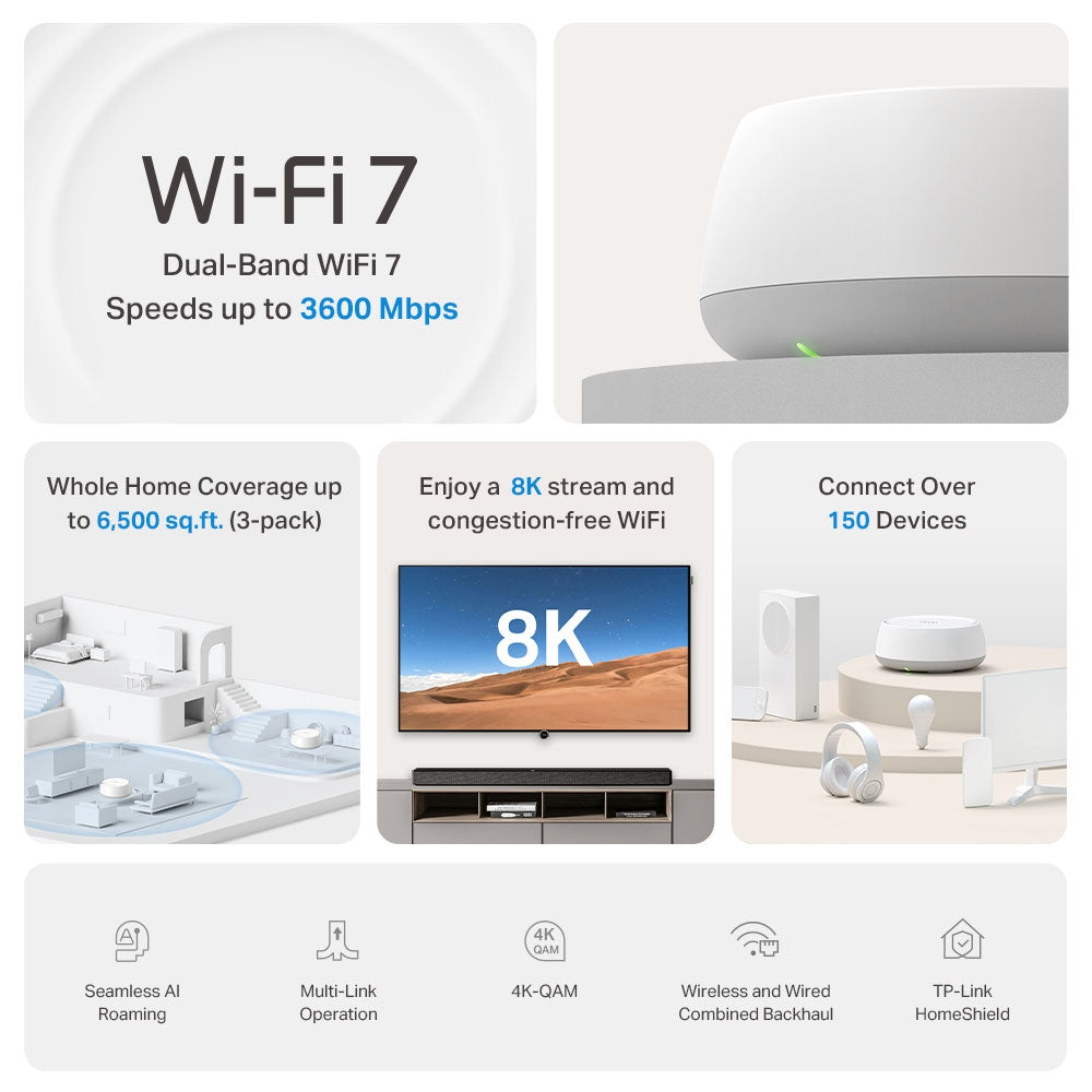 TP-LINK BE3600 Dual-band (2.4 GHz / 5 GHz) Wi-Fi 7 (802.11be) White 2 Internal (DECO BE22(3-PACK)) - Cartouches Certifiees