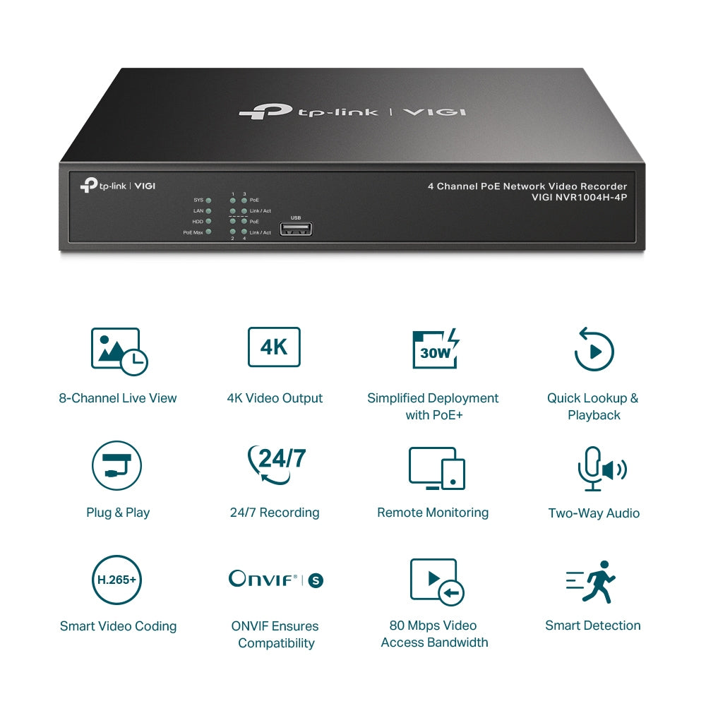 TP-LINK VIGI NVR1004H-4P network video recorder Black (VIGI NVR1004H-4P-2TB) - Cartouches Certifiees