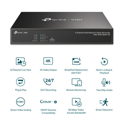 TP-LINK VIGI NVR1004H-4P network video recorder Black (VIGI NVR1004H-4P-2TB) - Cartouches Certifiees