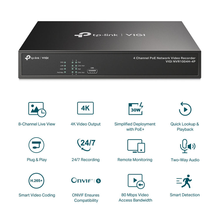 TP-LINK VIGI NVR1004H-4P network video recorder Black (VIGI NVR1004H-4P-2TB) - Cartouches Certifiees