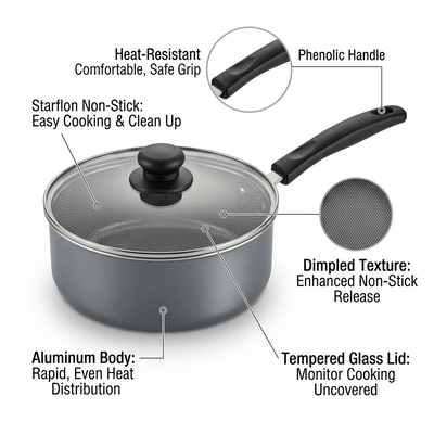 TRAMONTINA 3 Qt Covered Sauce Pan - Aluminum, Ns - Steel Gray - Den - Primaware (80119/556CA) - Cartouches Certifiees