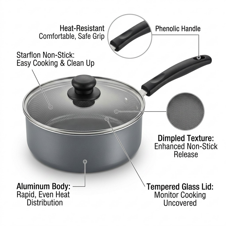 TRAMONTINA 3 Qt Covered Sauce Pan - Aluminum, Ns - Steel Gray - Den - Primaware (80119/556CA) - Cartouches Certifiees