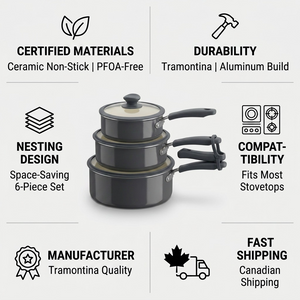 TRAMONTINA 6 Pc Nesting Cw Set-Pe-Cer-Dk Gray-Oly (80156/148DS) - Cartouches Certifiees