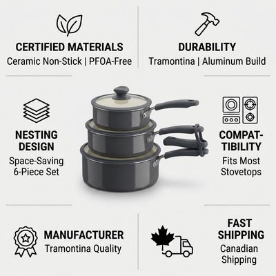 TRAMONTINA 6 Pc Nesting Cw Set-Pe-Cer-Dk Gray-Oly (80156/148DS) - Cartouches Certifiees