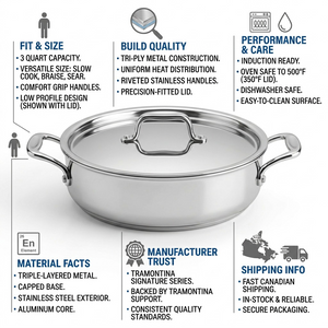 TRAMONTINA Signature 3 Quart Tri-Ply Clad Stainless Steel Covered Braiser (80116/009DS) - Cartouches Certifiees