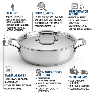 TRAMONTINA Signature 3 Quart Tri-Ply Clad Stainless Steel Covered Braiser (80116/009DS) - Cartouches Certifiees