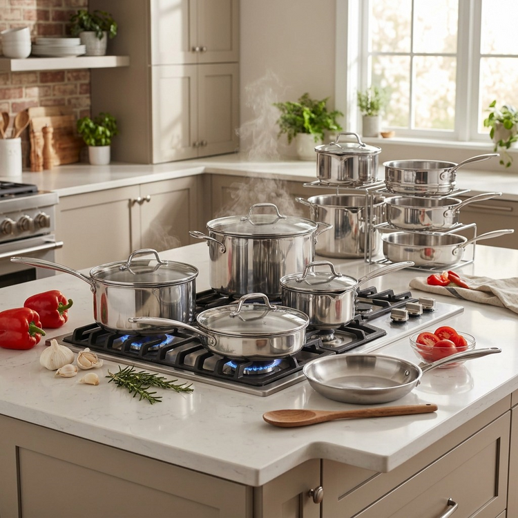 TRAMONTINA Tempo Tri-Ply Base Stainless Steel Cookware Set, 14 Pc (80154/012DS) - Cartouches Certifiees