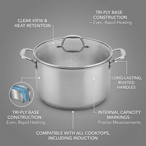 TRAMONTINA Tempo Tri-Ply Base Stainless Steel Cookware Set, 14 Pc (80154/012DS) - Cartouches Certifiees