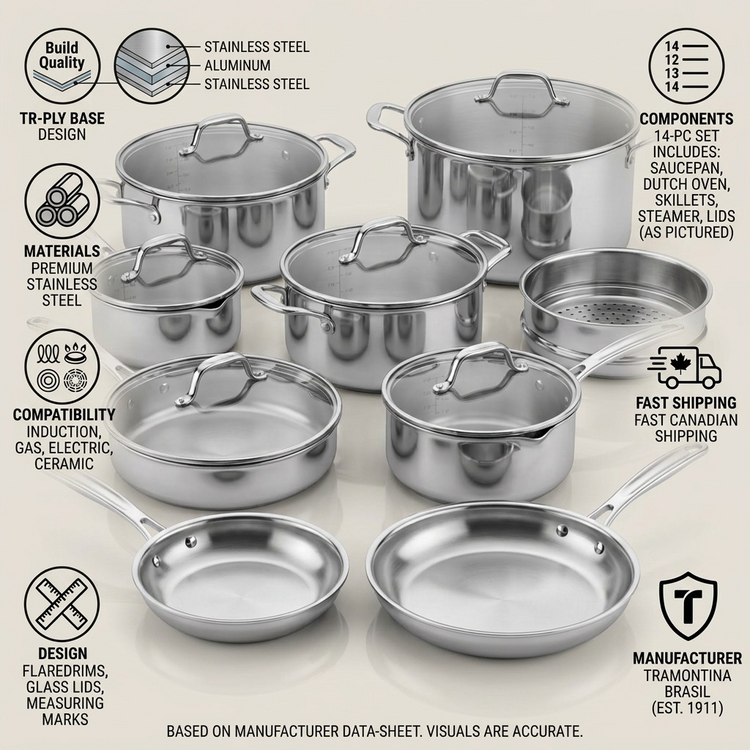TRAMONTINA Tempo Tri-Ply Base Stainless Steel Cookware Set, 14 Pc (80154/012DS) - Cartouches Certifiees